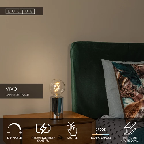 Lucide VIVO - Lampe de table Rechargeable - Batterie/Piles - Ø 8 cm - LED Dim. - E27 - 1x1W 2700K - Chrome - USP